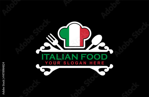 italian food logo emblem badge sticker business restaurant logo design template with spoon and fork icon on black background