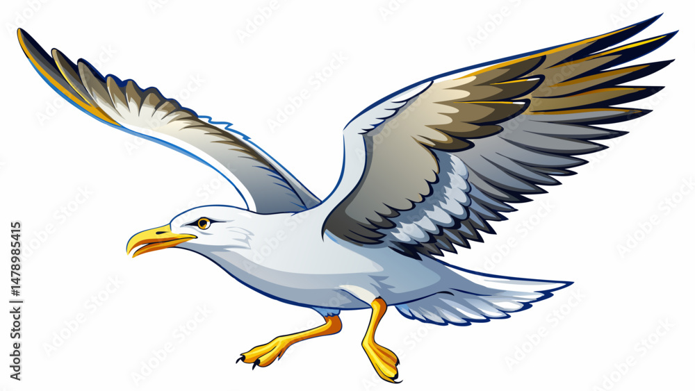 Obraz premium A Yellow-legged Gull (Larus michahellis) soars gracefully through the air, its broad wings fully extended in a display of effortless motion and aerodynamic beauty. Every feather is captured with clar