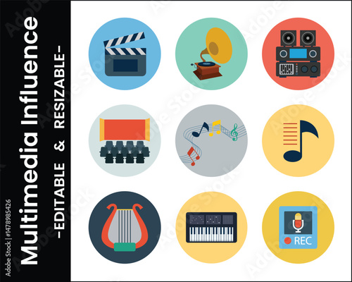 Multimedia Elements Flat Design Icons Movie Film Audio Production And Musical Instruments