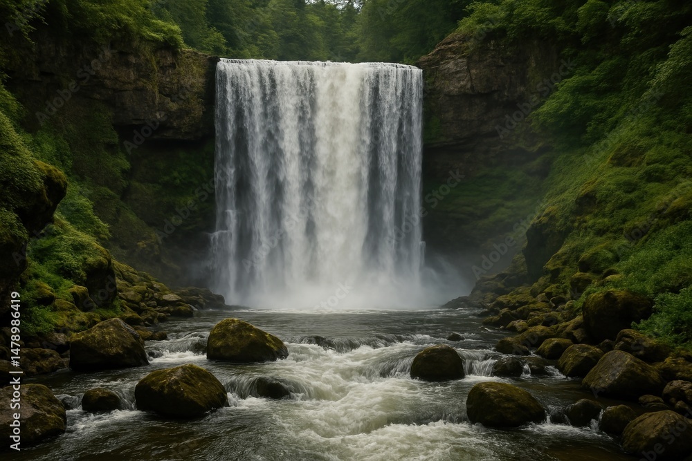 Fototapeta premium Majestic waterfall amidst lush greenery.