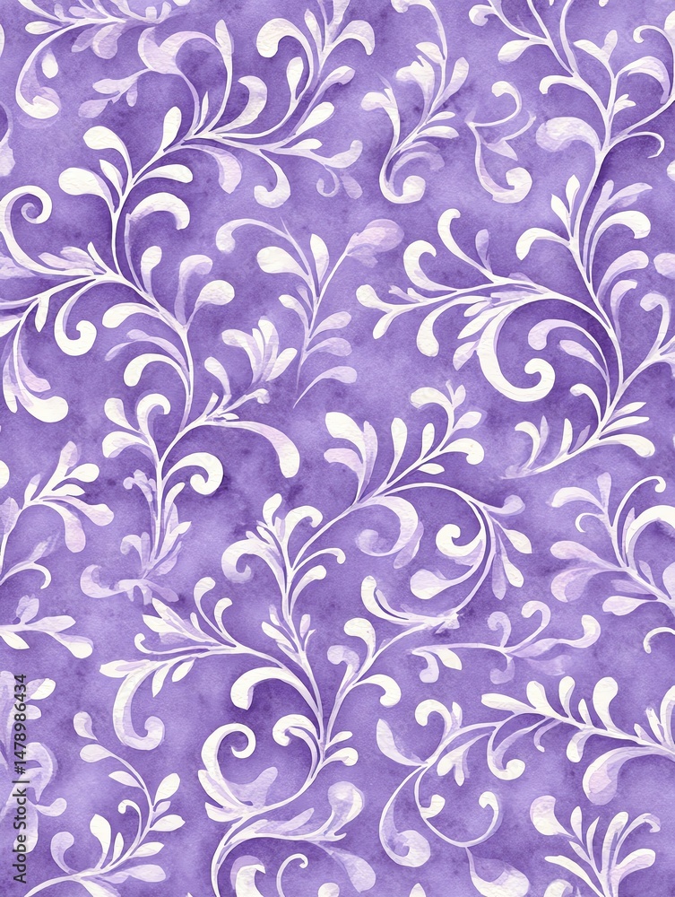Fototapeta premium Damask Wall Watercolor Elegant purple and white floral pattern for backgrounds and designs.