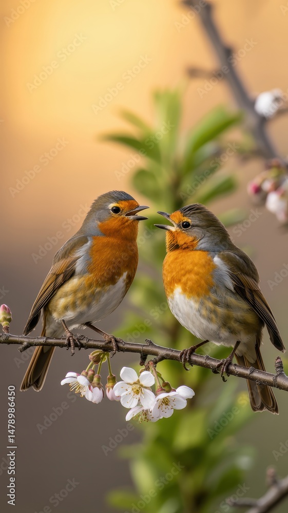 Fototapeta premium Two robins perched on spring branches with soft sky gradient lighting