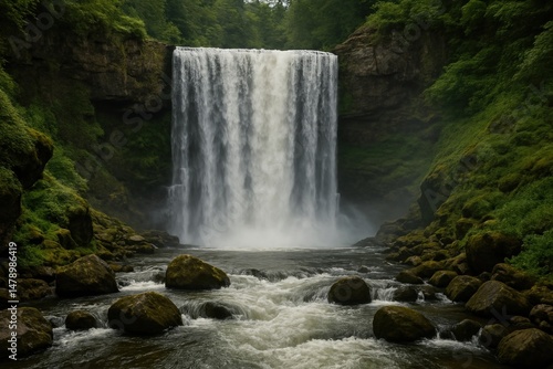 Fototapeta Naklejka Na Ścianę i Meble -  Majestic waterfall amidst lush greenery.