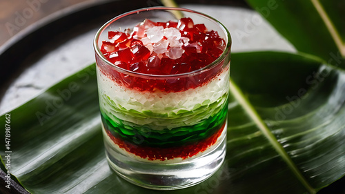 Wallpaper Mural Delicious layered dessert served in a glass on a tropical leaf with vibrant colors Torontodigital.ca