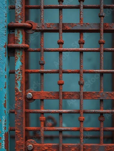 Close-up of a rusty metal grid with weathered red and blue paint, showcasing industrial texture, decay, and urban grunge aesthetics with rich detail and color contrast

