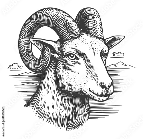 Detailed Vector Illustration of a Ram in Classic Artistic Style