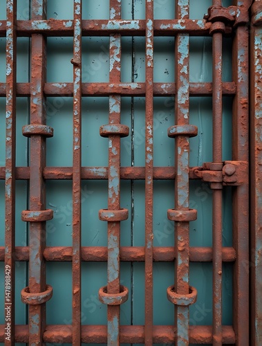 Close-up of a rusty metal grid with weathered red and blue paint, showcasing industrial texture, decay, and urban grunge aesthetics with rich detail and color contrast

