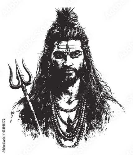 Detailed Black and White Illustration of a Hindu God with Trident