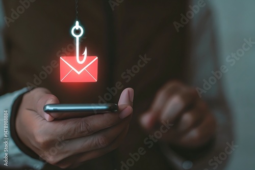Smishing Attack Concept: Hacker Holding Smartphone with Red Envelope and Hook Icon Representing SMS Phishing