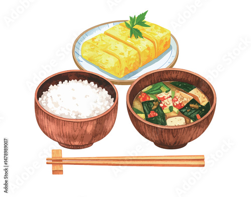 水彩風の日本の朝食イラスト　生成AI