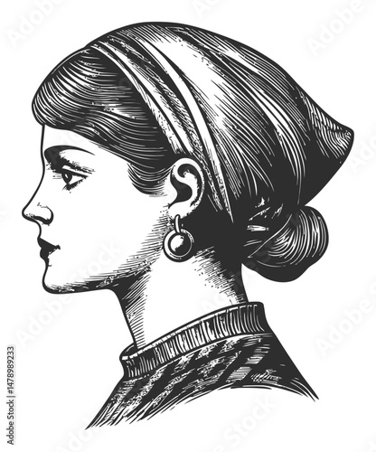 Elegant Profile Illustration of a Woman with a Headscarf and Earrings
