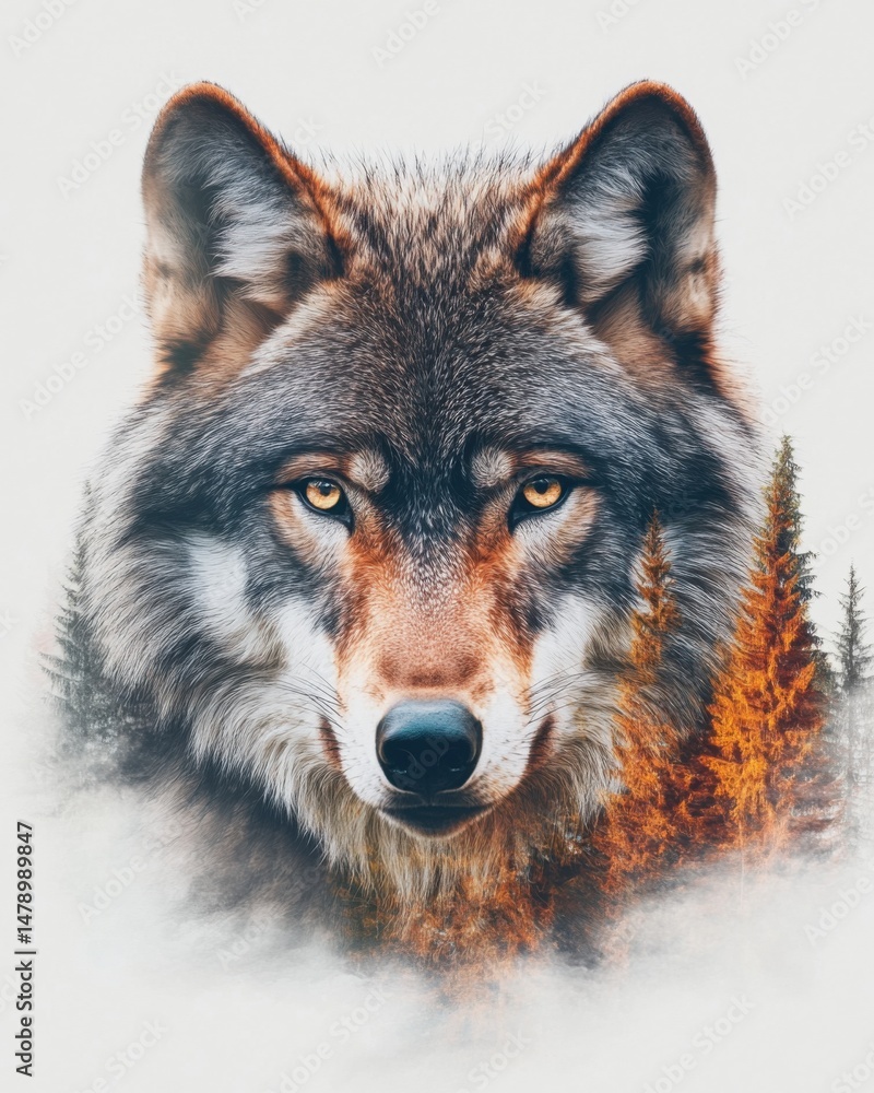 Obraz premium Majestic Wolf Portrait with Forest Double Exposure Artful Composition Nature Wildlife Theme
