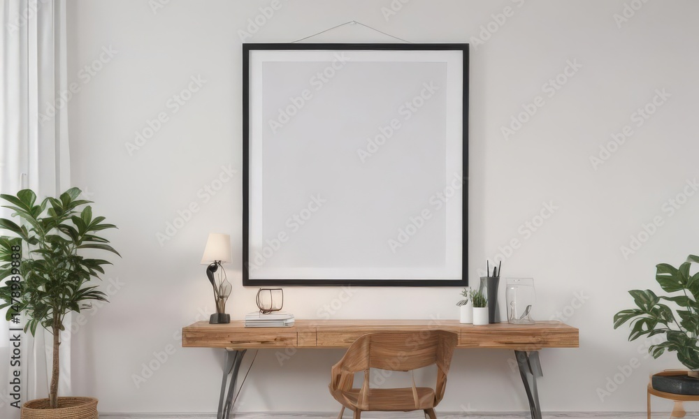 White wall, framed poster mockup hanging with clips, home interior detail, decor, interior White wall, framed poster mockup hanging with clips, home interior detail, decor, interior
