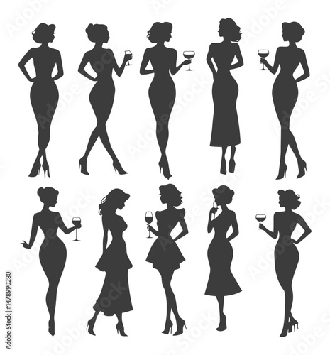 Elegant Silhouettes of Women with Drinks in Various Poses and Attires