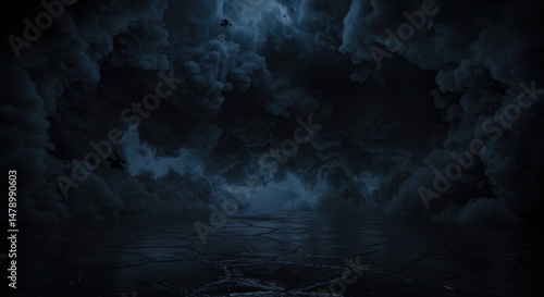 Cracked asphalt under moonlit blue sky, black fog and dark clouds create an eerie, suspenseful nighttime scene.
