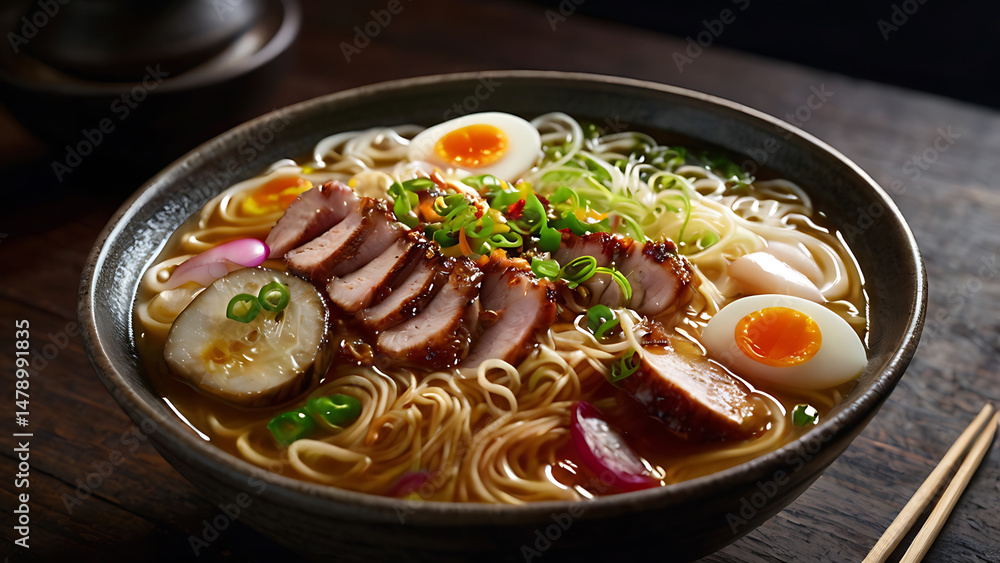 Delicious ramen bowl with duck, soft-boiled eggs, and fresh toppings on a wooden table Delicious ramen bowl with duck, soft-boiled eggs, and fresh toppings on a wooden table