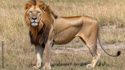 Wallpaper Mural A majestic lion with a thick mane stands in a grassy field Torontodigital.ca