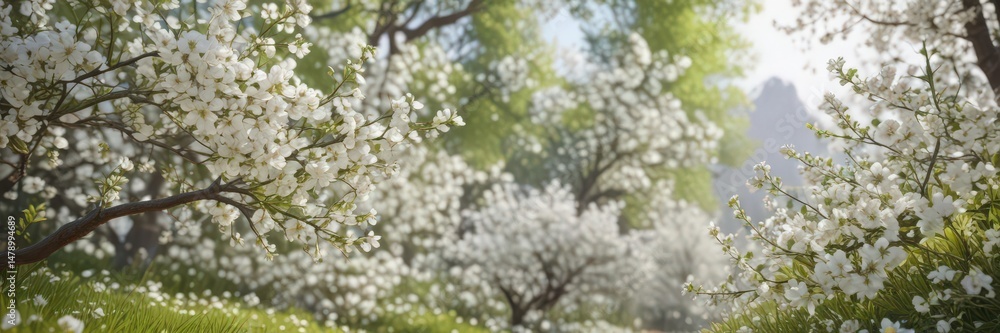 Delicate white blossoms frame a vibrant spring scene , floral design, blossom border Delicate white blossoms frame a vibrant spring scene , floral design, blossom border