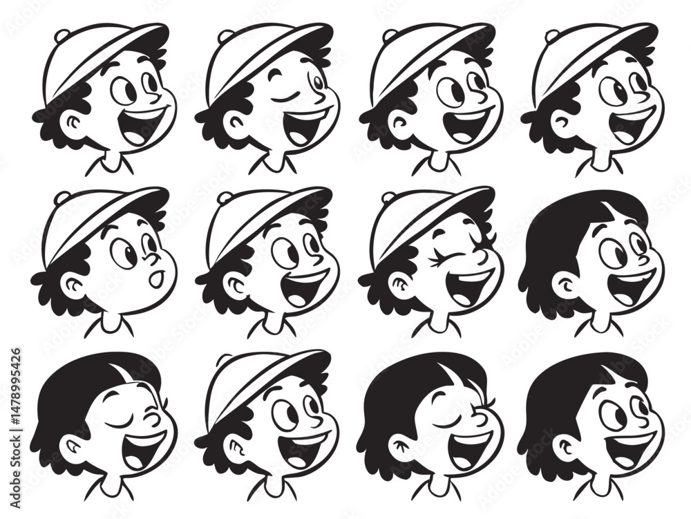 Obraz premium Joyful Kids Faces – Black and White Cartoon Illustrations of Happy Children