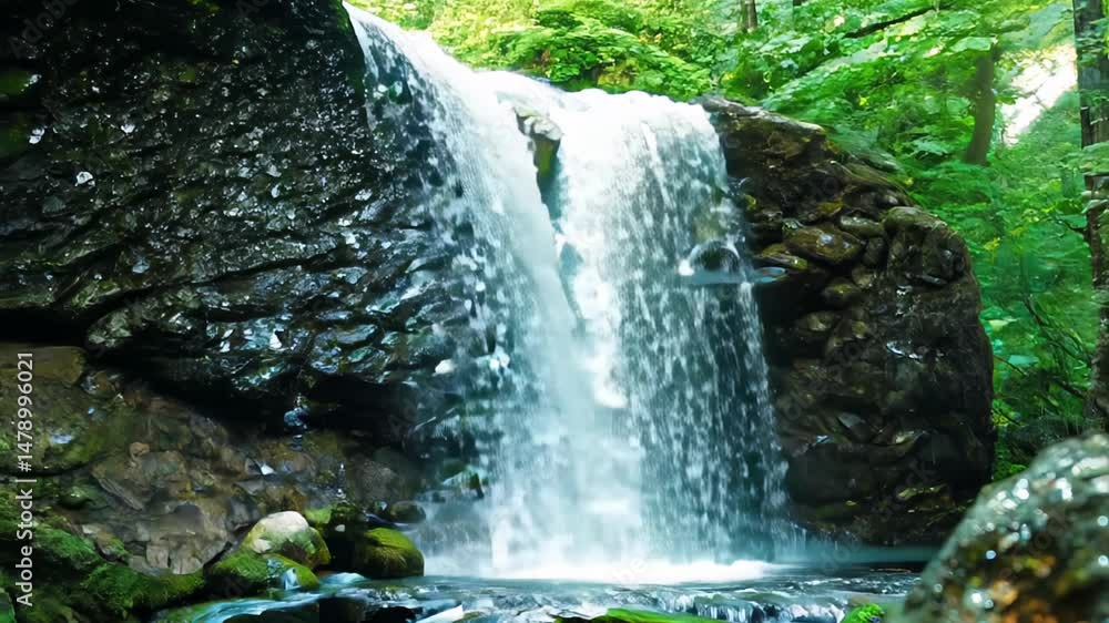 custom made wallpaper toronto digitalNarrow tropical waterfall cascading over mossy rocks into small stream surrounded by dense greenery. Concept of untouched nature and jungle freshness
