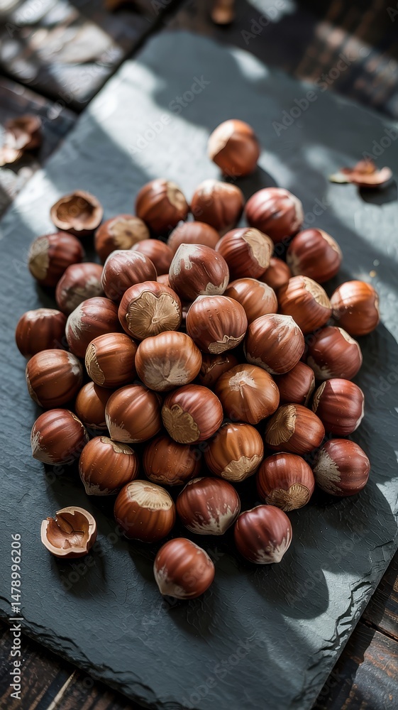 Fototapeta premium Cluster of glossy hazelnuts on dark rustic surface in ambient light