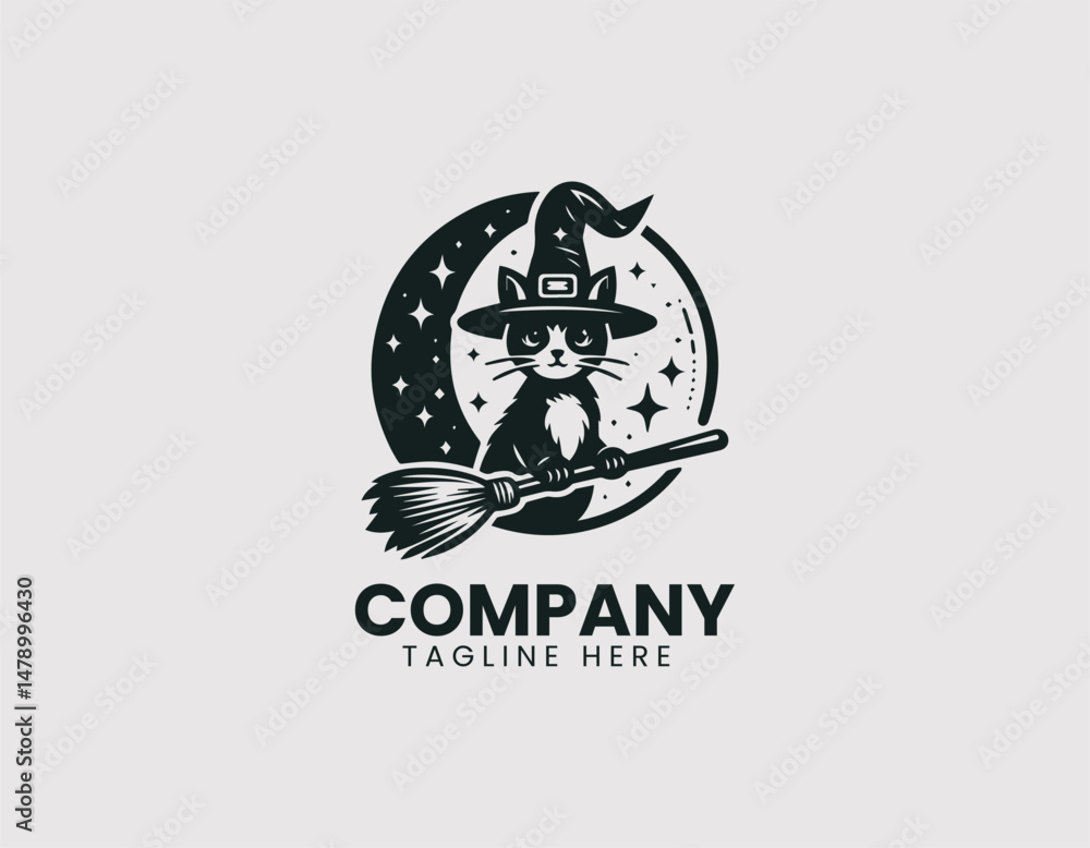 Charming Cat Wearing Witch Hat with Broom Illustration Vector Logo Design, Cute Cat in Witch Hat Riding Broomstick Vector Logo Charming Cat Wearing Witch Hat with Broom Illustration Vector Logo Design, Cute Cat in Witch Hat Riding Broomstick Vector Logo