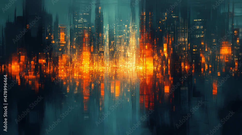 Fototapeta premium Urban night blur: abstract cityscape with motion and light. [Mirrored Realms] | Shimmer Path | light distortion. Illustration