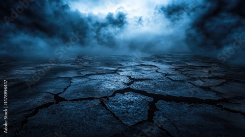 Cracked asphalt under moonlit blue sky, black fog and dark clouds create an eerie, suspenseful nighttime scene.
