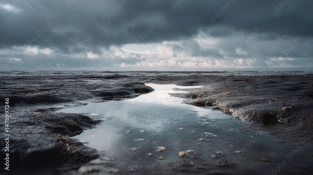 Fototapeta premium Moody seashore landscape with dark clouds and tide pools creating a dramatic scenic view after the rain on a gloomy day