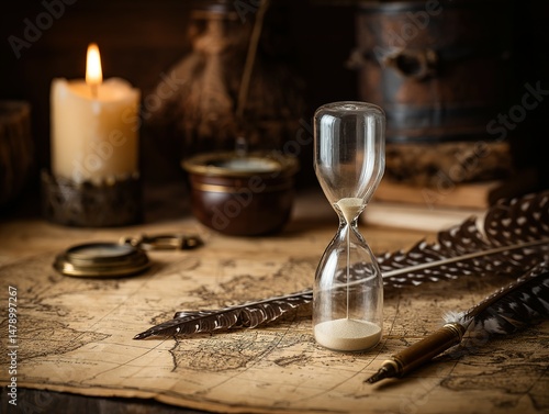 Vintage antique navigational tools and a sand timer on a map.