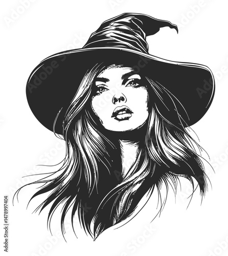 Elegant Woman with Witch Hat in Classic Black and White Drawing Style