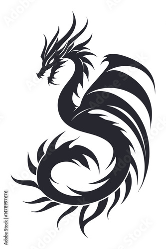 Intricate Black Dragon Illustration with Stylized Features and Detail