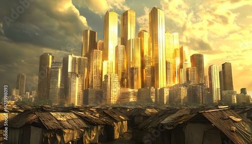 Golden city towering above dilapidated settlements.