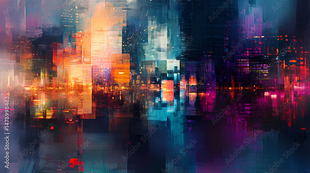 Obraz premium Urban night blur: abstract cityscape with motion and light. [Mirrored Realms] | Shimmer Path | light distortion. Illustration