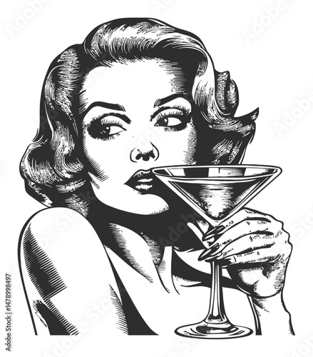 Retro Illustration of a Elegant Woman with a Martini Glass in Hand