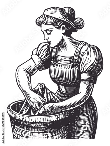 Vintage Illustration of Woman Washing Clothes in a Wooden Tub