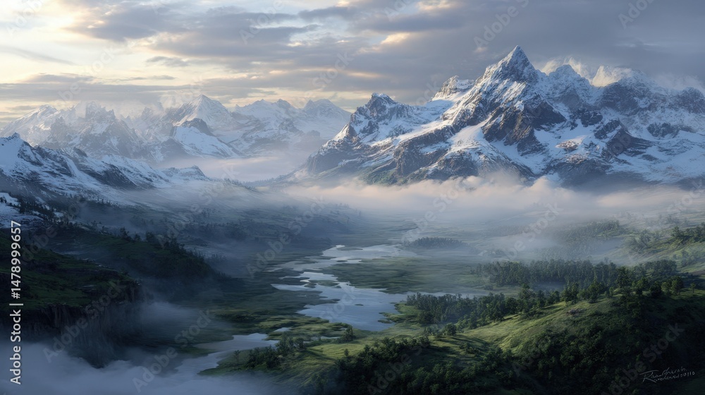 Fototapeta premium Majestic Snow Capped Mountains and Serene Valley Landscape at Sunrise