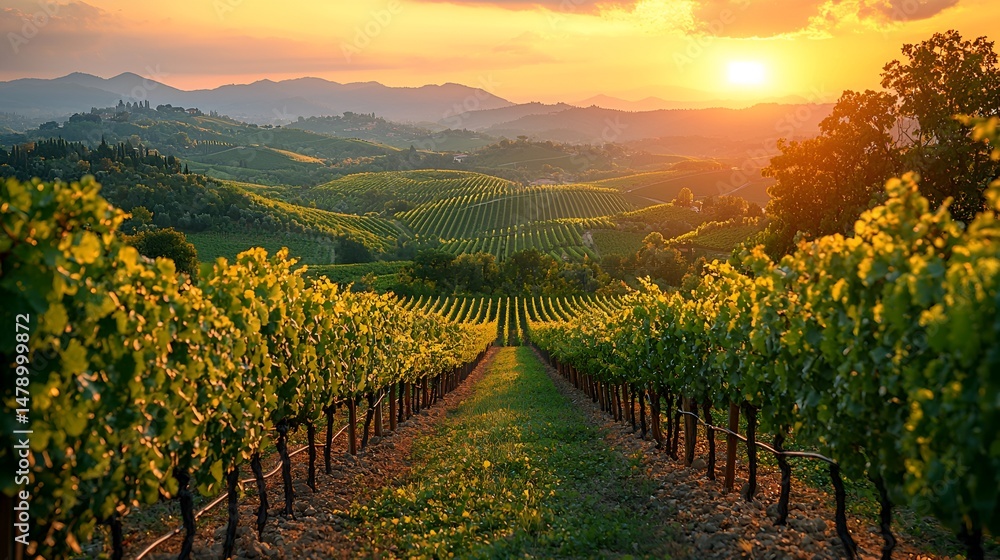 Naklejka premium Sunset over rolling vineyard hills. (1)