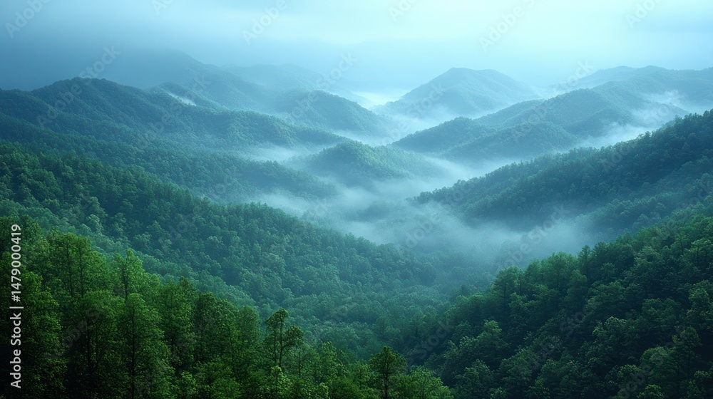 Obraz premium Misty Mountain Majesty: A Breathtaking Panorama of Rolling Hills and Verdant Forests