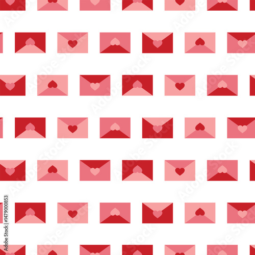 Seamless pattern with red and pink envelopes with hearts for Valentine's Day