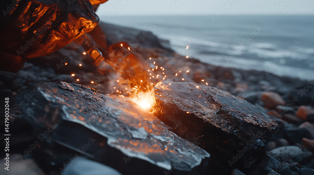 Fototapeta premium Sparkler Ignition on Rocky Shore