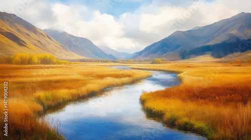 Serene autumn river meandering through a golden valley, surrounded by majestic mountains under a partly cloudy sky.