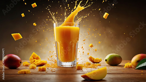 Refreshing mango juice splash with fruit and cubes on a wooden table
