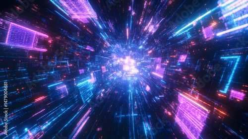 A colorful, neon-lit tunnel with a bright blue center. The tunnel is filled with a variety of colorful shapes and patterns, creating a sense of movement and energy. Scene is one of excitement