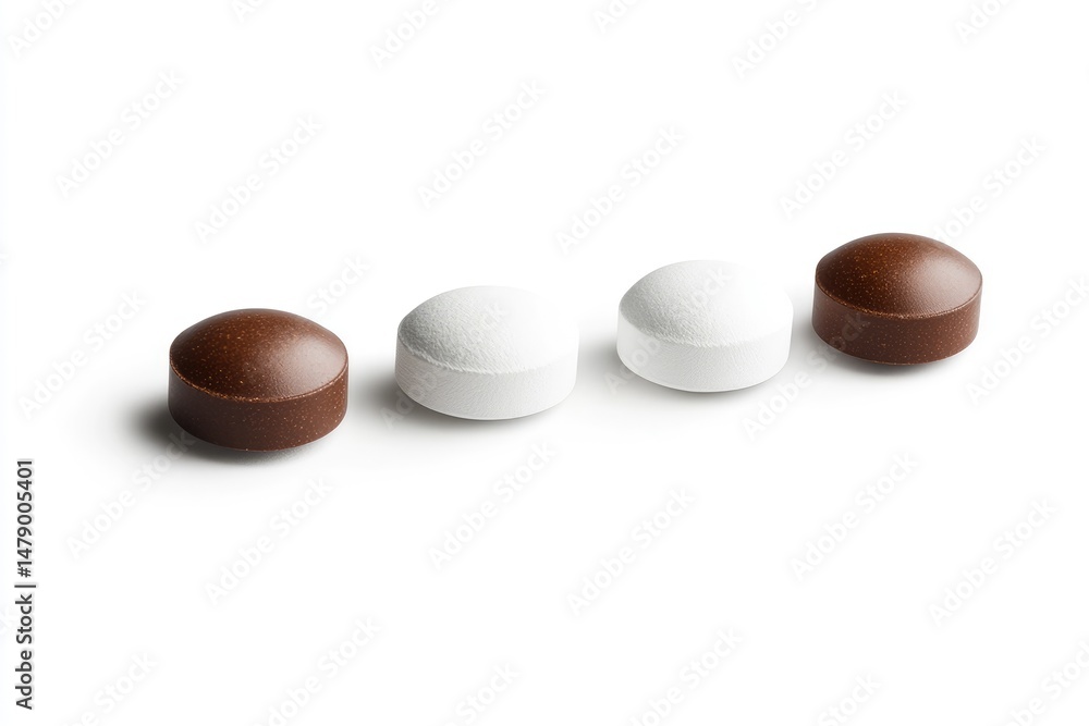 Obraz premium Three pills, two white and one brown, arranged in a row on a white background