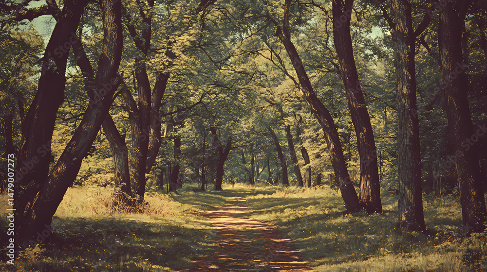 Naklejka premium Vintage forest landscape illustration - timeless scenery in nature. [Silicon Wilderness] | RAM Grove | memory forest. Illustration