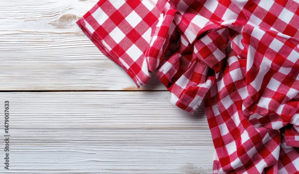 Obraz premium Crisp red and white checkered cloth draped on a light wood surface.