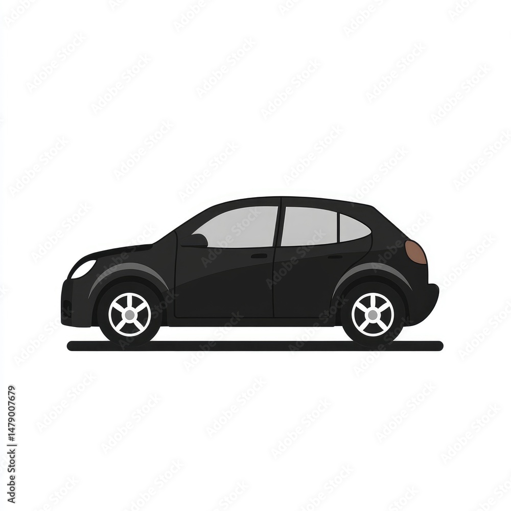 Obraz premium Simple black car illustration. Side profile view of a modern hatchback vehicle. Dark, solid color with minimal detailing