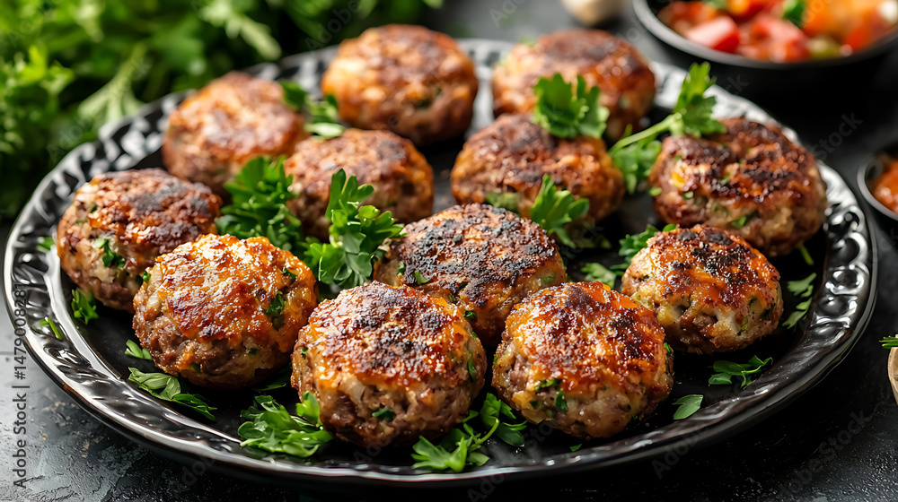 Fototapeta premium A plate of meatballs with parsley on top