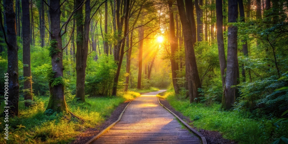 Obraz premium A well-lit pathway in a forest at dusk with soft warm light filtering through trees, woods, foliage, woods, foliage, warm light